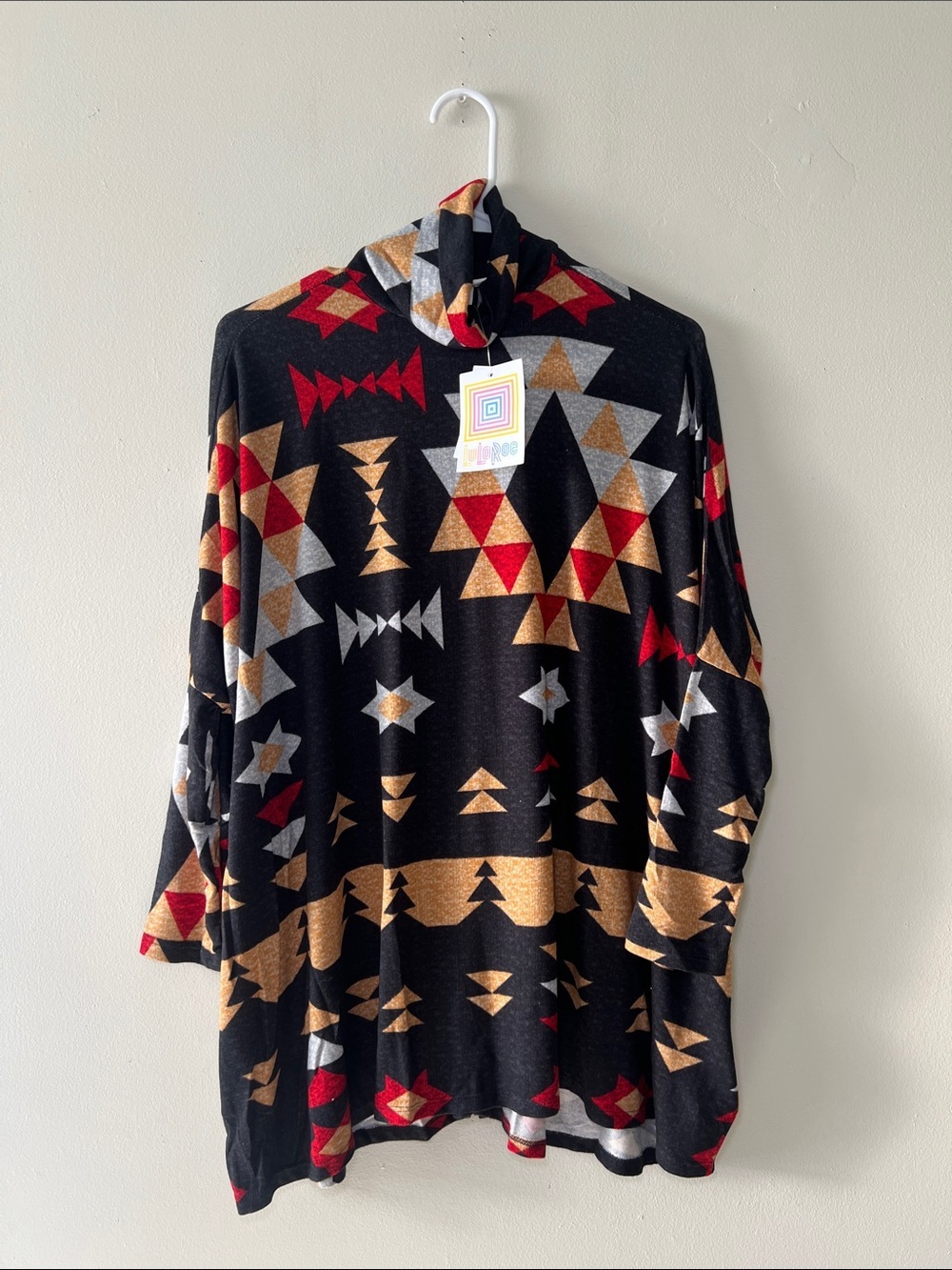 LuLaRoe Boxy Long Sleeve Black Red Gold Aztec-Print Turtleneck Top